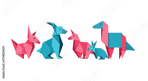 Collection of colorful pink and blue origami animals.