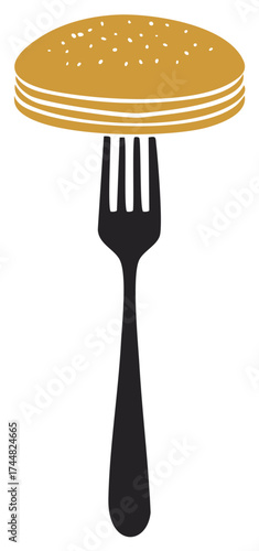 Stylized Golden Pancakes on Fork Icon Design, Delicious Restaurant Food Concept
