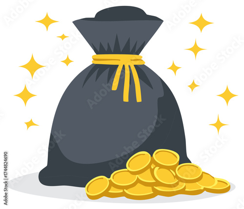 Cartoon illustration of a black bag filled with gold coins and shining stars