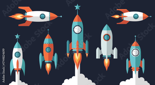 Collection of colorful retro rocket ships ready for space exploration and travel.