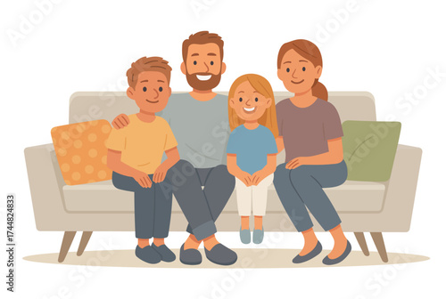 A family of four father, mother, son, and daughter sits together on a beige sofa