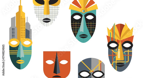 Collection of Diverse Abstract Tribal Masks with Geometric Patterns and Modern Elements.