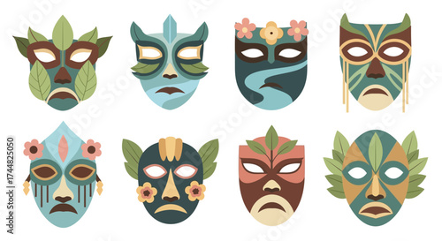 Collection of eight colorful tribal ethnic masks with natural decorations.