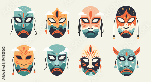 Collection of eight tribal masks with vibrant colors and intricate designs.