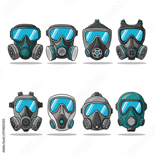 Collection of eight diverse gas mask and respirator illustrations