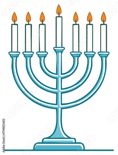 Illustration of a seven-branched candelabrum lit with burning candles on top