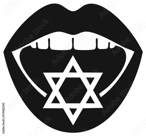 Black and white conceptual illustration of an open mouth with vampire fangs and a Star of David symbol