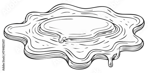 Hand drawn illustration of a flowing liquid puddle with drips in a vintage black and white outline style.