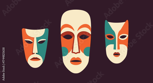 Collection of three colorful stylized ethnic masks illustration.