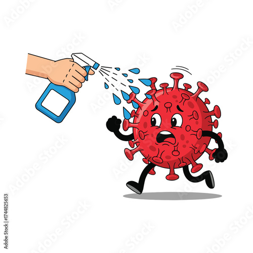 Cartoon coronavirus character fleeing from disinfectant spray bottle