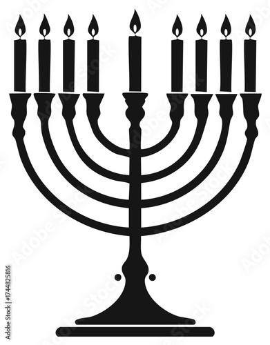 Menorah candle holder with nine lit candles religious symbol