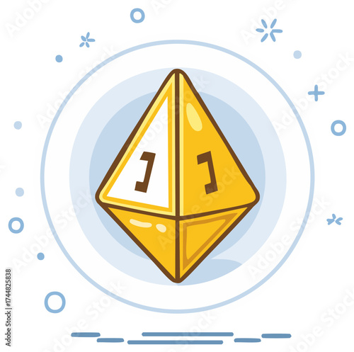 Yellow D8 eight sided dice for role playing game cartoon vector illustration