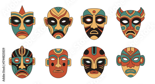 Collection of Tribal Masks with Intricate Designs and Vibrant Colors.