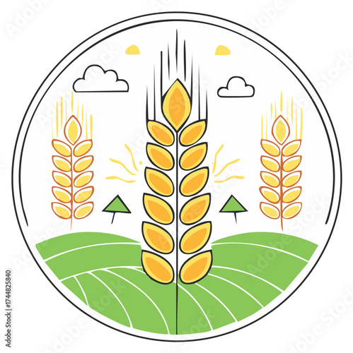 Stylized circular logo of golden wheat stalks growing in a green farm field