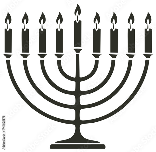 Nine Branch Menorah with Lit Candles Symbol of Hanukkah Celebration