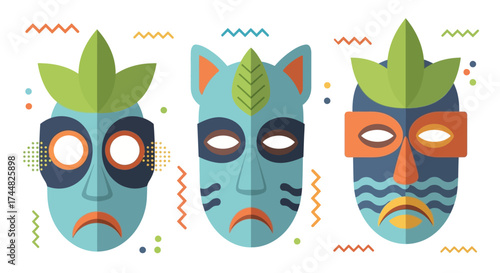 Collection of Tribal Masks with Unique Designs and Vibrant Colors.