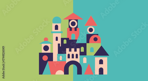 Colorful Abstract Castle Made of Geometric Blocks.