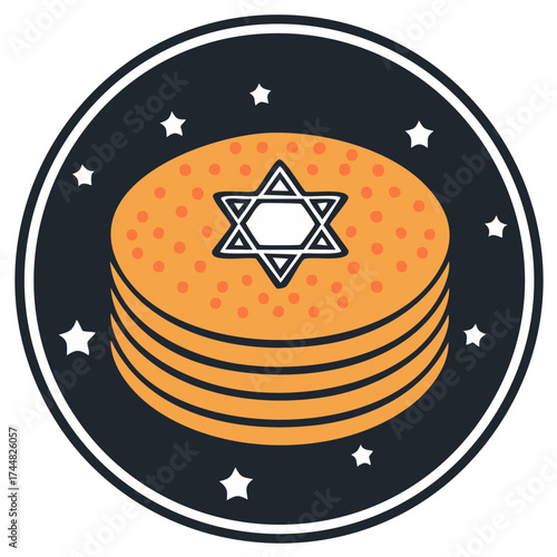 Jewish Passover holiday icon with a stack of matzah bread and a Star of David symbol in a circle