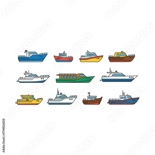 Diverse collection of nautical vessels and watercraft illustrations
