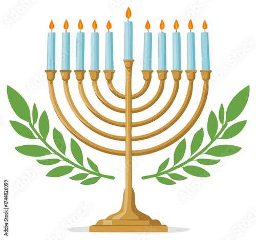 Golden menorah with nine lit blue candles and green olive branches a festive Jewish holiday celebration symbol