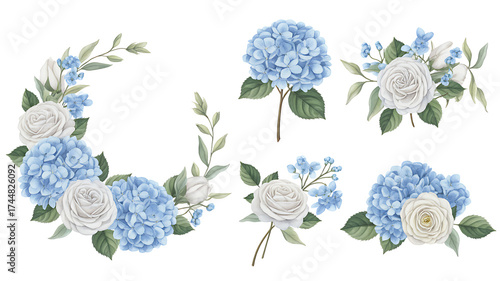 Elegant watercolor floral arrangements featuring delicate blue hydrangeas and soft white roses in a crescent and cluster designs
