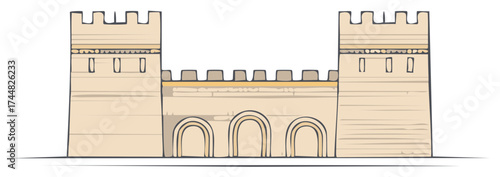 Ancient Fortress Gate with Two Towers and Arched Entrance