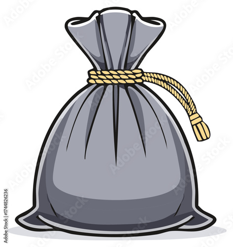 Full gray cloth sack tied securely with a yellow rope. Vector cartoon illustration of a money bag or pouch.