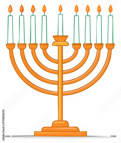 Golden Hanukkah candelabrum with nine burning candles celebrating the Festival of Lights