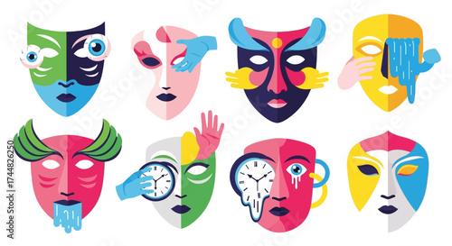 Colorful abstract masks representing various emotions and concepts in a creative design.