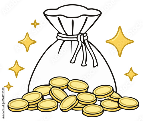 Bag overflowing with golden coins surrounded by sparkling stars symbolizing wealth and fortune