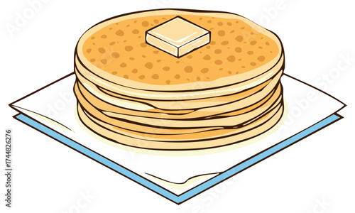 Stack of warm pancakes with melting butter cube on a napkin