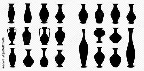 A collection of black silhouettes of various ancient and modern vases, pots, and amphoras on a transparent background.