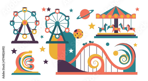 Colorful Amusement Park Rides and Attractions Illustration.
