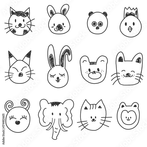doodle black and white animal shot , animal headshot includes tiger, koala, panda, chicken, fox, rabbit, bear, dog, ant, elephant, cat and monkey. 