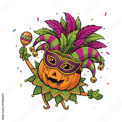 Festive mardi gras jester pumpkin character with mask and feathers illustration