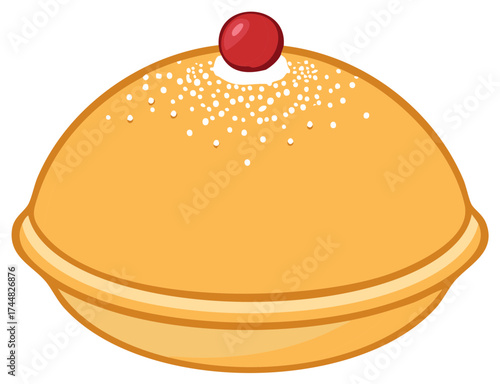 Cartoon Fried Doughnut with Powdered Sugar and Cherry Sweet Dessert