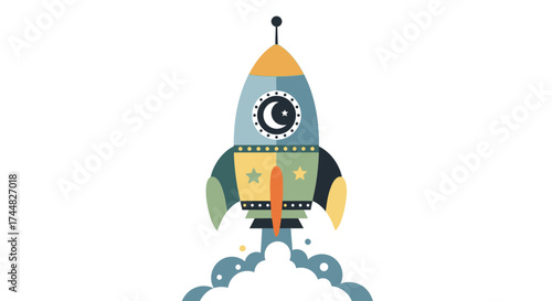 Colorful cartoon rocket ship blasting off with flames.