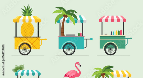 Colorful Cartoon Food Carts with Tropical Themes and Flamingo.