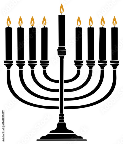 Hanukkah Menorah Silhouette with Seven Lit Candles Celebrating Jewish Holiday