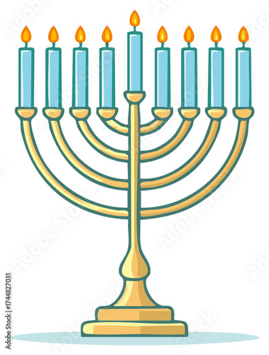 Illustrated golden Hanukkah menorah with nine lit candles for the Jewish Festival of Lights