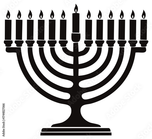 Menorah with Candles Lit in Black Silhouette Celebrating Hanukkah Holiday.
