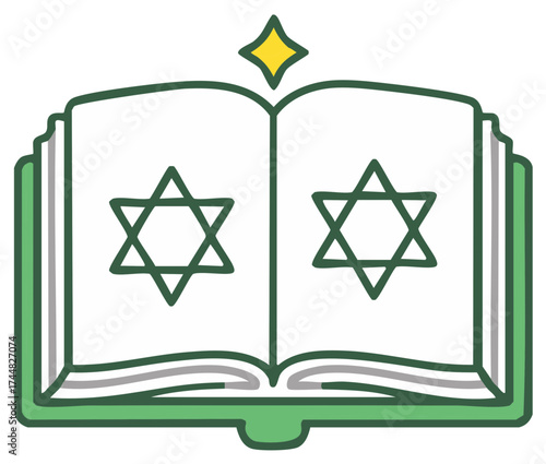 Open Book with Star of David symbols and shining Star above, Jewish religion and learning concept.