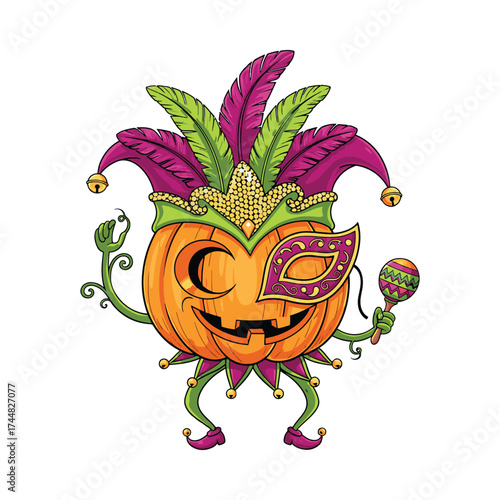 Playful halloween pumpkin jester character in festive costume holding a maraca