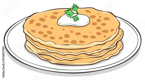 Stack of pancakes with sour cream and parsley on a white plate