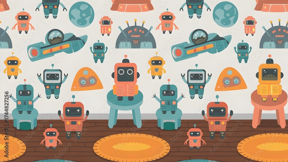 Cute Robots and Spaceships Seamless Pattern