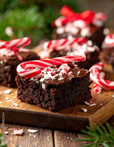 Festive chocolate brownies topped with candy canes and peppermint
