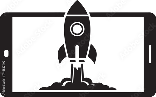 Rocket launching from a smartphone screen. This bold black and white icon symbolizes mobile app launch, digital startup, innovation, fast business growth, and technological success.