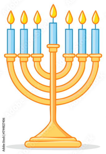Jewish Temple Menorah symbol with seven lit blue candles, isolated vector illustration