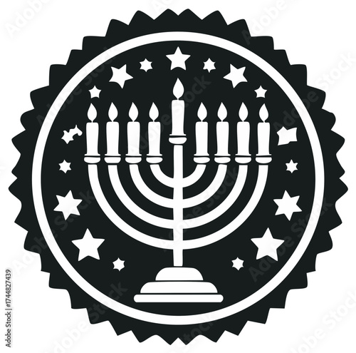 Traditional menorah with nine lit candles and decorative stars within a circular emblem symbolizing Hanukkah festival