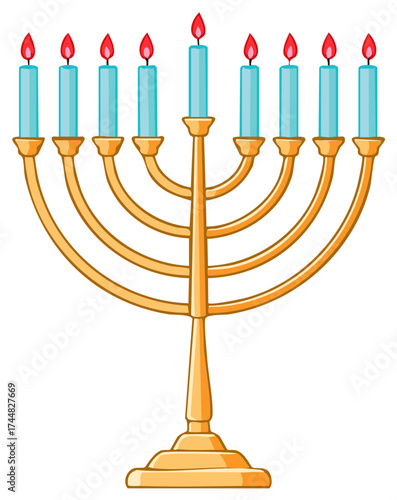 Golden Menorah with nine lit candles illuminating, cartoon illustration for religious celebrations, graphic design, festive traditions